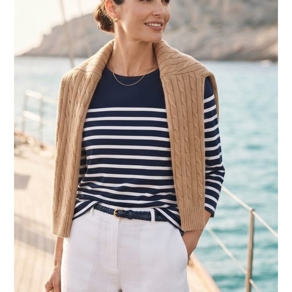 J CREW Tunic Top Womens Classic Blue White Stripe Boat Neck Sz S Coastal Classic